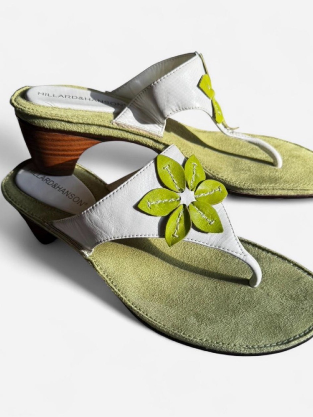 Hillard & Hanson White Leather Thong Mules with Lime Flower Accent